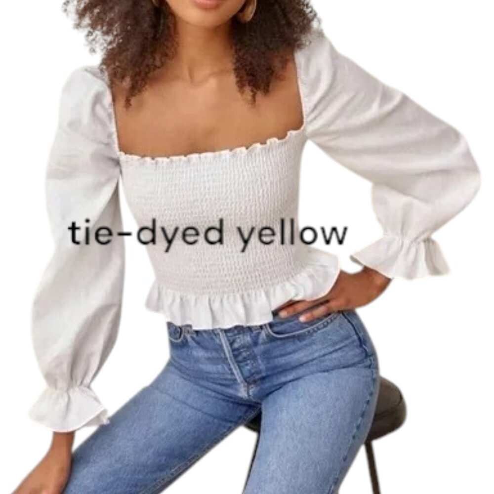 Reformation Smocked Cotton Peasant Blouse Large Tie-dyed Yellow and White